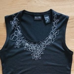 New York & Company Black Tank Top with White Floral Embroidery